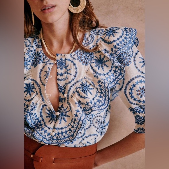Sézane South Blouse in Ecru Blue FR 34 / US 2 - Picture 3 of 14